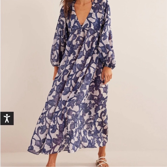 Boden US 14 Sarah Kaftan Dress Blue 0298 Ribbon maxi Paisley Whirl long sleeve - Picture 4 of 12